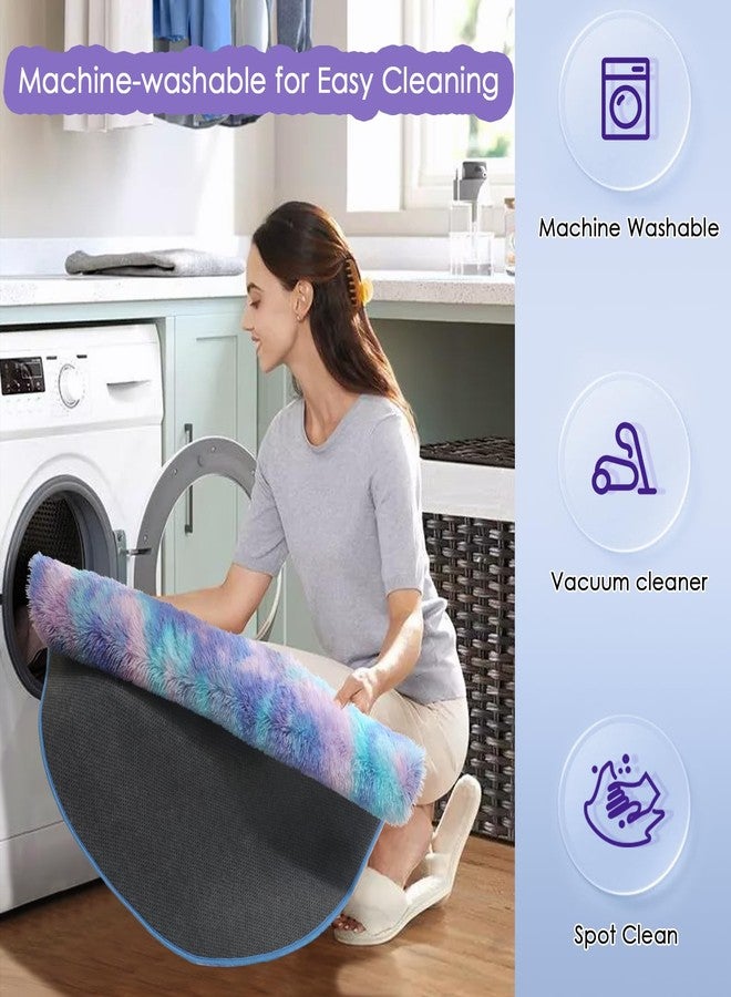 Amdrebio Purple Rainbow Round Rug 4Ft for Bedroom Girls Room Decor, Mermaid Stitch Frozen Kids Rugs for Playroom Nursery Dorm, Fluffy Furry Cute Shag Carpet, Kawaii Circle Area Rugs for Baby Toddler - Image 3